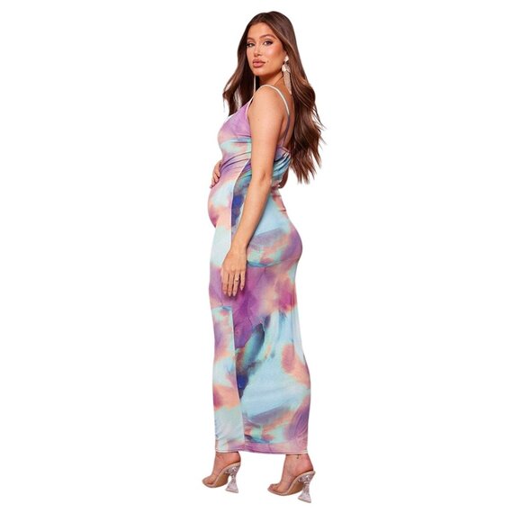 PrettyLittleThing Multicolor Maternity Abstract Print Cowl Neck Maxi Dress NWT - Picture 4 of 16